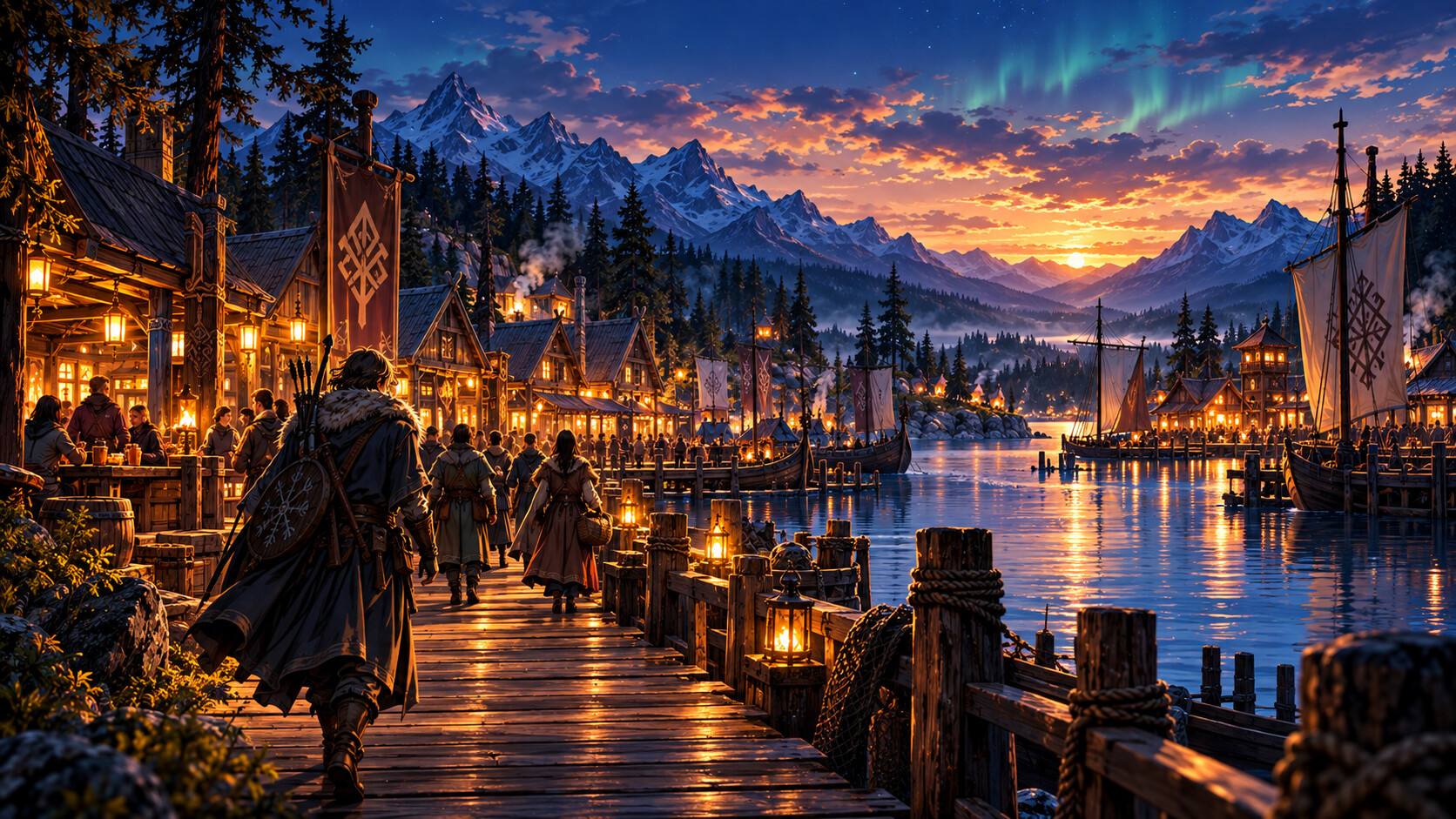 Travellers arriving at a lakeside settlement at dusk